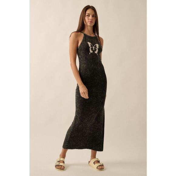 Promesa Size Medium Charcoal Vintage Wash Butterfly Graphic Tank Maxi Dress - Picture 1 of 6